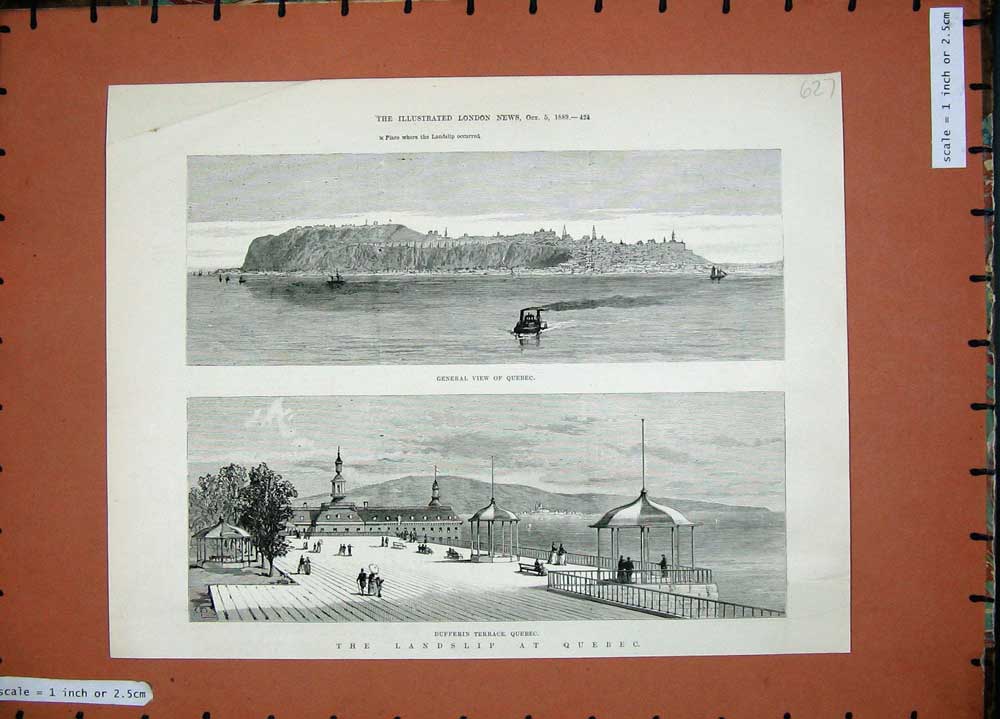 Old Antique Print 1889 Landslip Quebec Canada Dufferin Terrace Pier Ships 19th