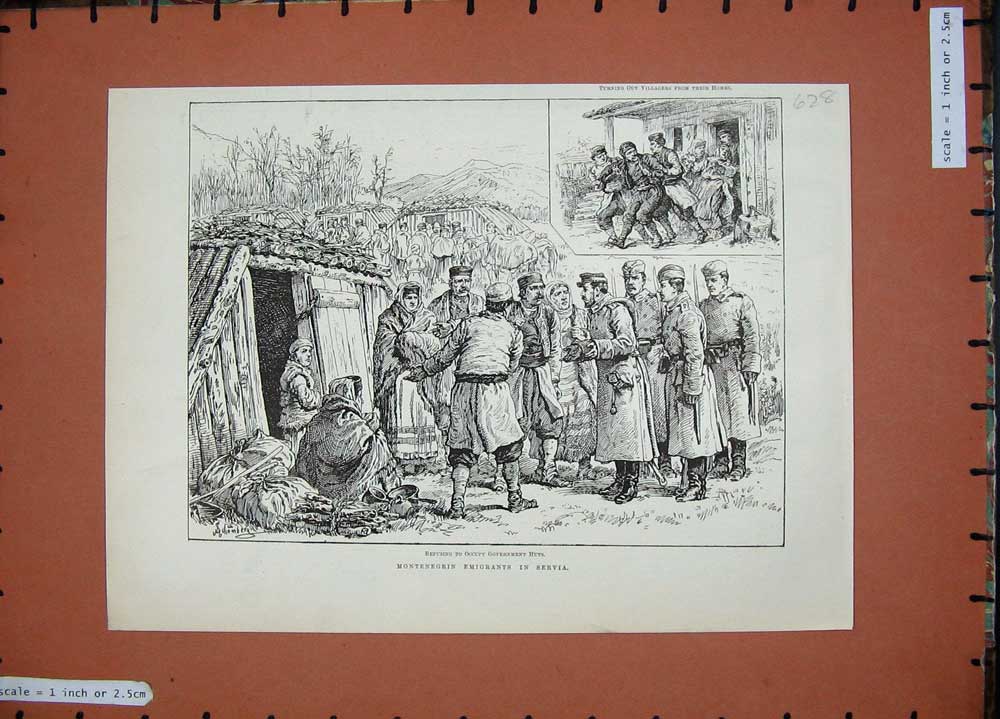 Old Antique Print 1889 Montenegrin Emigrants Servia Government Huts Men 19th