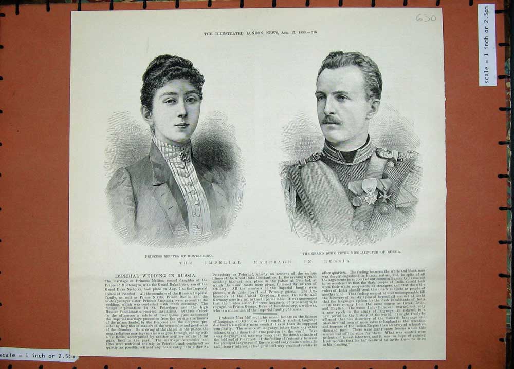Original Old Antique Print 1889 Princess Melitza Montenegro Duke Peter Russia