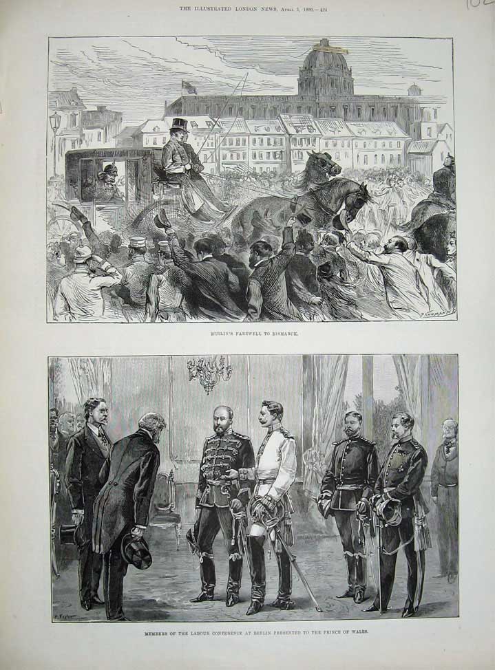 Original Old Antique Print 1890 Berlin Bismarck Labour Conference Prince Wales