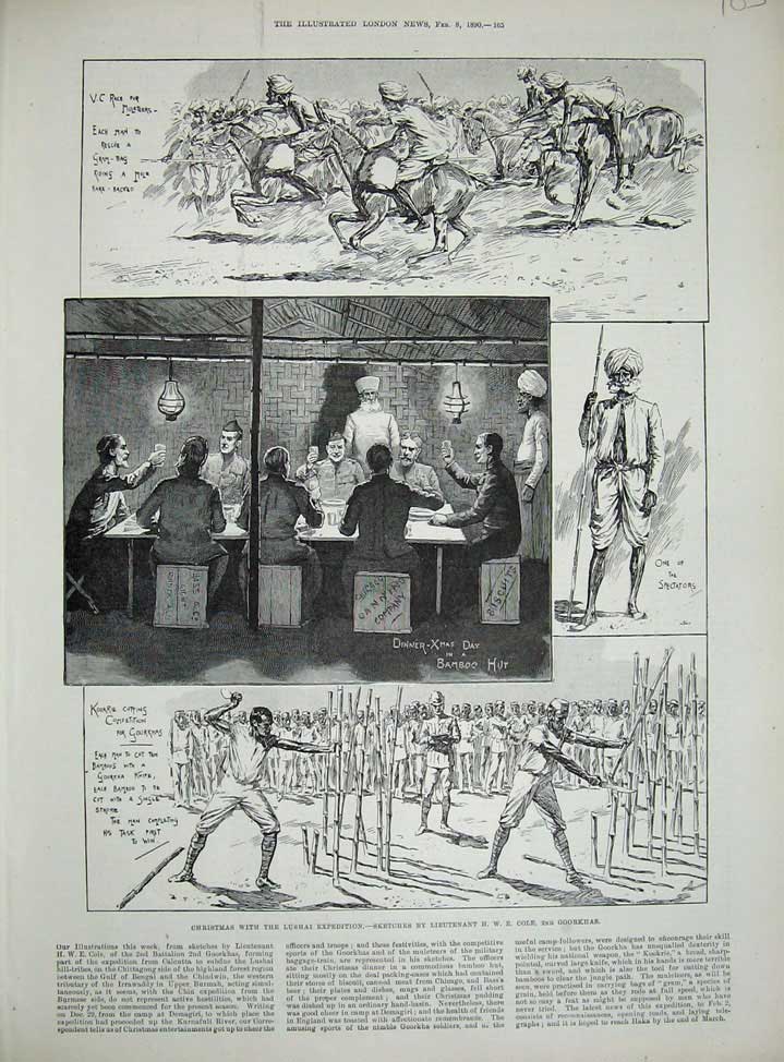 Original Old Antique Print 1890 Christmas Lushai Expedition Cole Goorkhas War