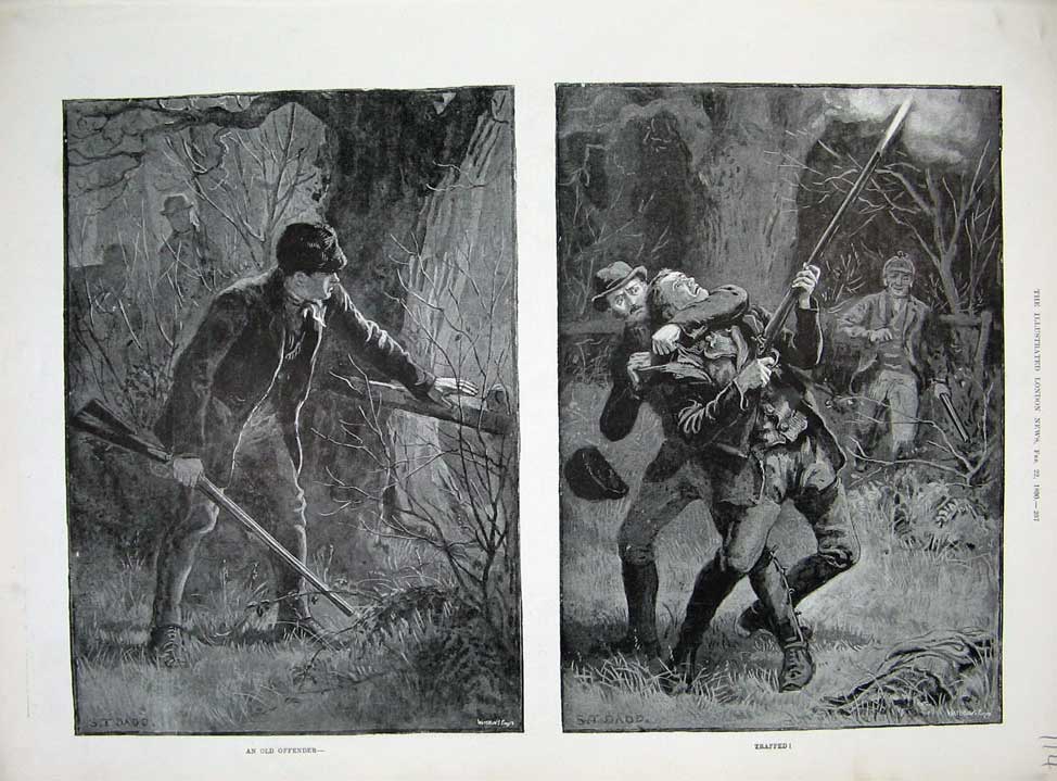 Old Antique Print 1890 Dadd Fine Art Man Shooting Captured Hunting Sport 19th