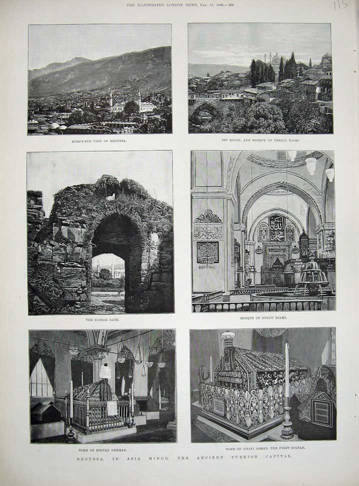 Old Antique Print 1890 Broussa Asia Minor Turkey Hissar Gate Mosque Tomb 19th