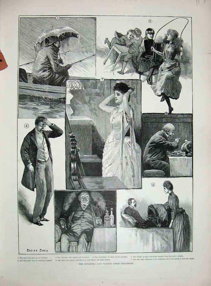 Old Antique Print 1890 Influenze Flu Illness Children Lady School Dinner 19th