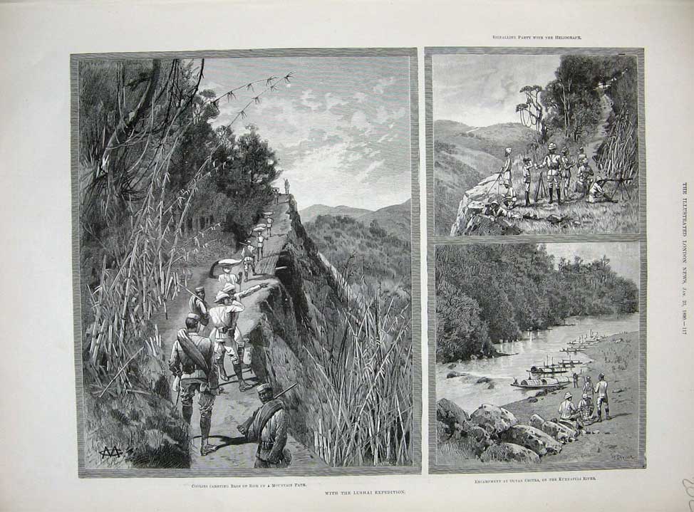 Original Old Antique Print Lushai Expedition 1890 Coolies Mountain Outan Chitra
