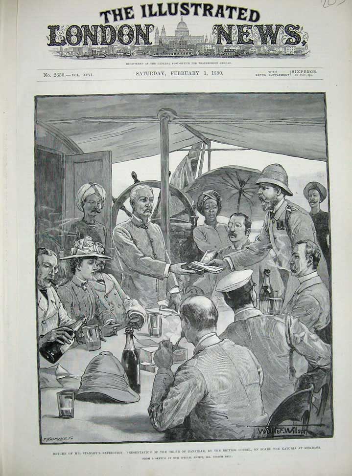 Original Old Antique Print 1890 Stanley Order Zanzibar Katoria Ship Mombasa War