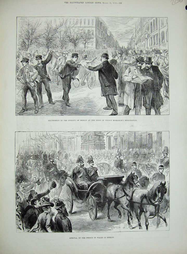 Old Antique Print 1890 Prince Wales Berlin Ireland Bismarck Horse Coach 19th