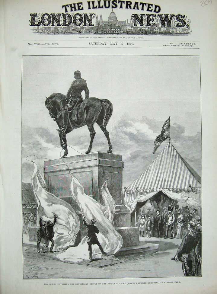 Old Antique Print 1890 Queen Statue Prince Consort Jubilee Windsor Park 19th