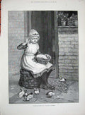 Old Antique Print 1890 Mitchell Fine Art Little Girl Feeding Ducks Farm 19th