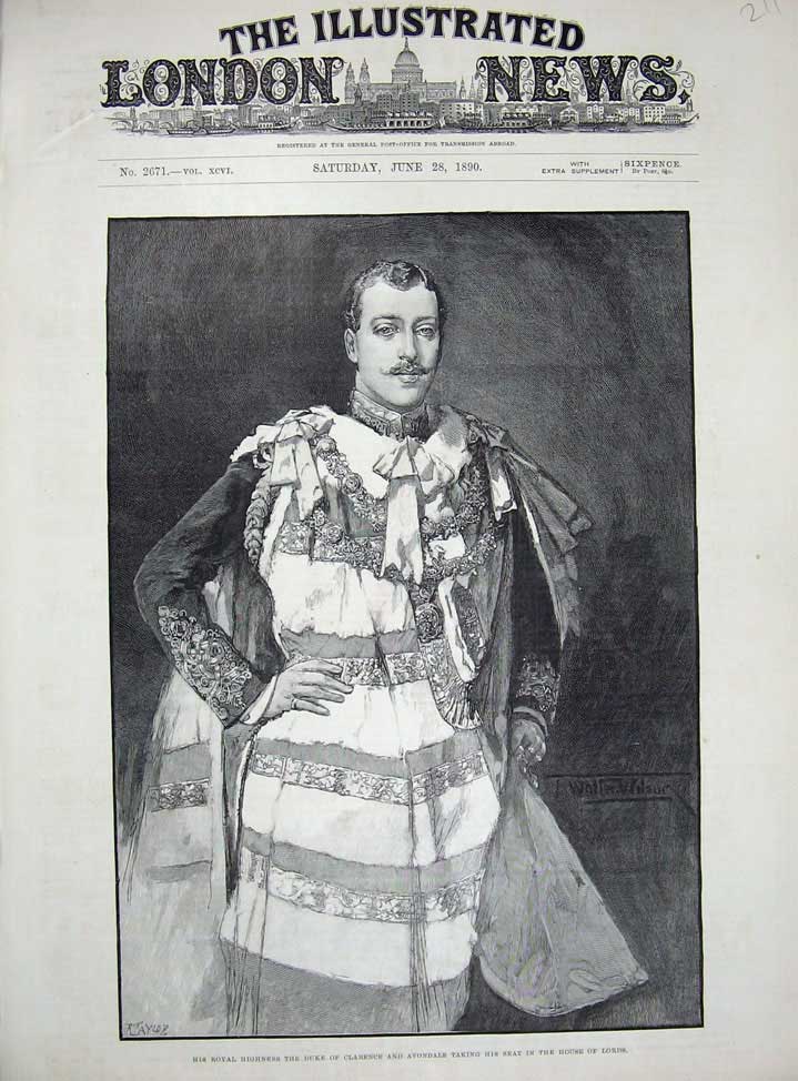 Old Antique Print 1890 Royal Highness Duke Clarence Avondale House Lords 19th