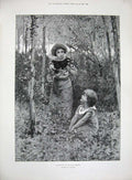 Original Old Antique Print 1890 Young Girls Gathering Ivy Ball Dresses Caffieri