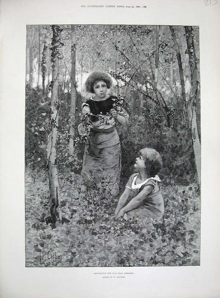 Original Old Antique Print 1890 Young Girls Gathering Ivy Ball Dresses Caffieri