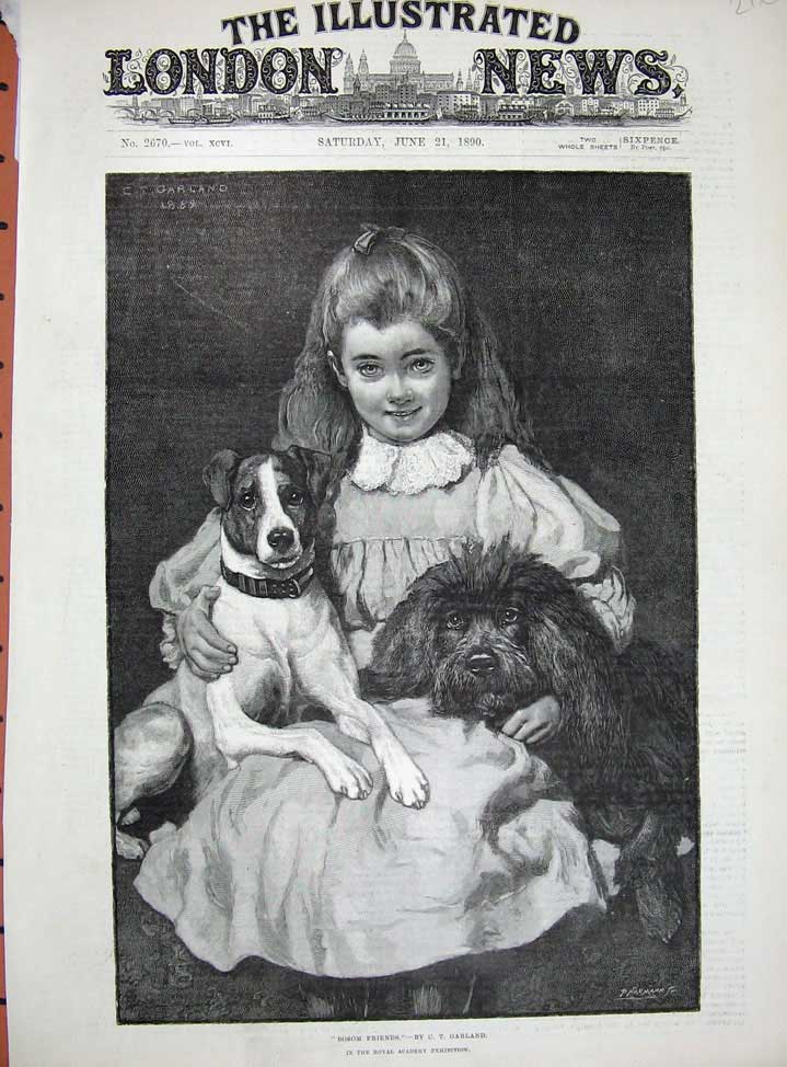 Old Antique Print 1890 Bosom Friends Garland Art Little Girl Puppy Dogs 19th