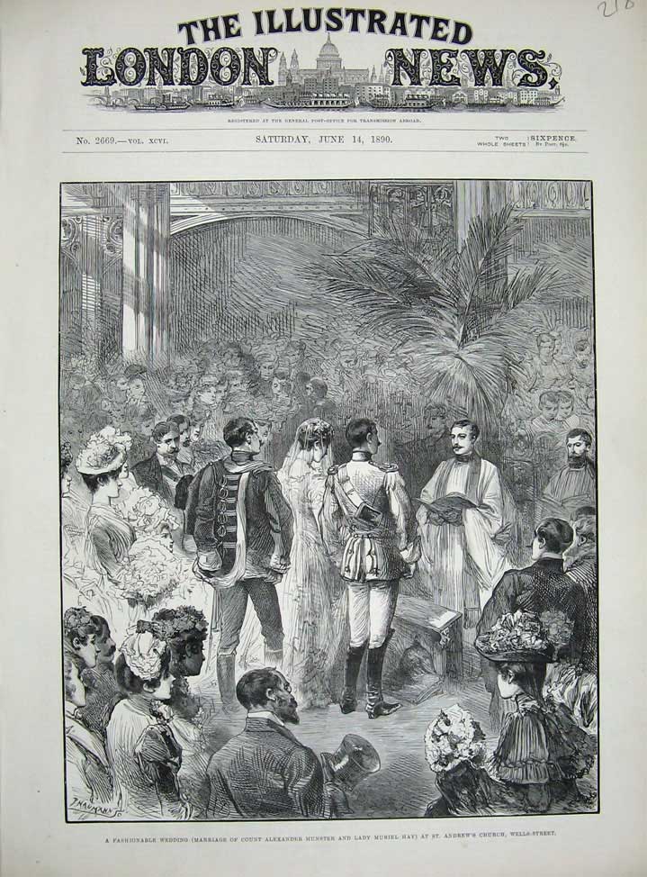 Original Old Antique Print 1890 Wedding Marriage Count Munster Lady Hay Church