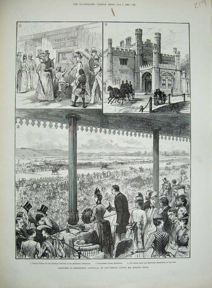 Original Old Antique Print Melbourne Australia 1890 Racecourse Horse Government