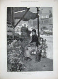 Old Antique Print 1890 Flower Vegetable Market Boulogne France Lady Woman 19th