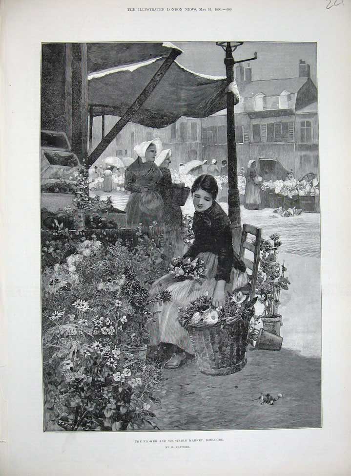 Old Antique Print 1890 Flower Vegetable Market Boulogne France Lady Woman 19th