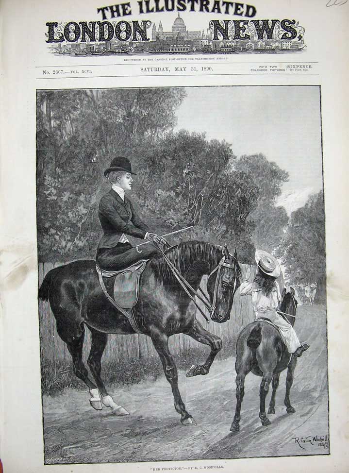 Old Antique Print 1890 Woodville Fine Art Little Girl Woman Lady Horses 19th