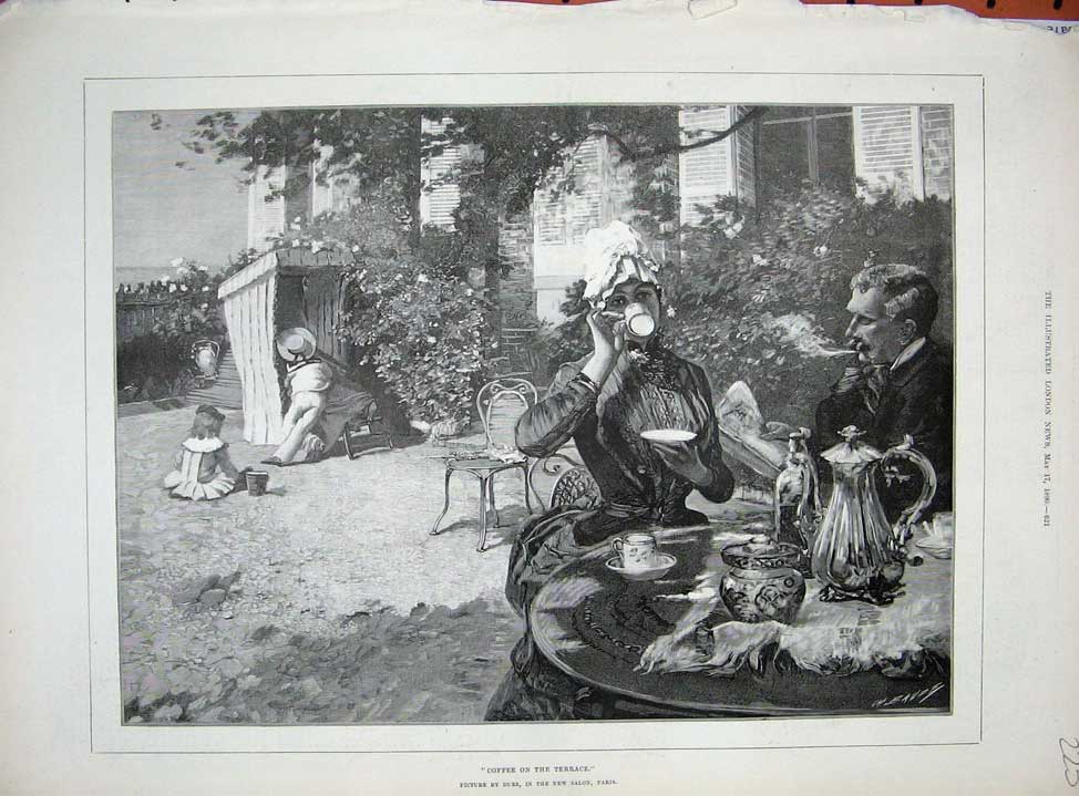 Old Antique Print 1890 Deuz Art Salon Paris Coffee Terrace Man Children 19th