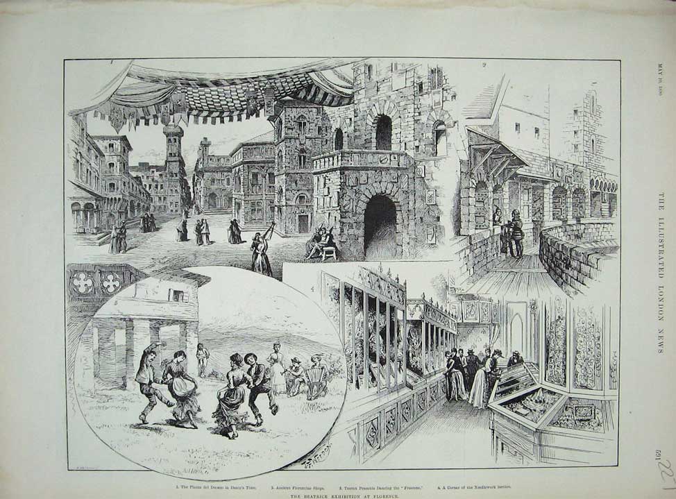 Old Antique Print Beatrice Exhibition Florence 1890Piazza Duomo Peasants 19th