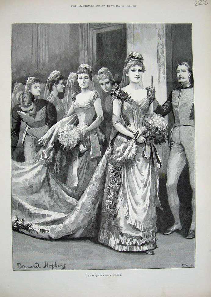 Original Old Antique Print 1890 Hopkins Drawing Room Romance Women Men Dresses