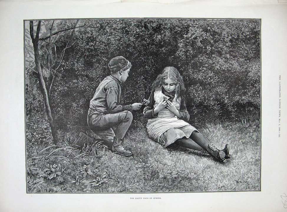 Old Antique Print 1890 Fine Art Little Children Flowers Garden Hedge Tree 19th