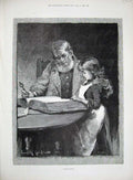 Original Old Antique Print 1890 Bible Lesson Little Girl Man Book Taylor Art
