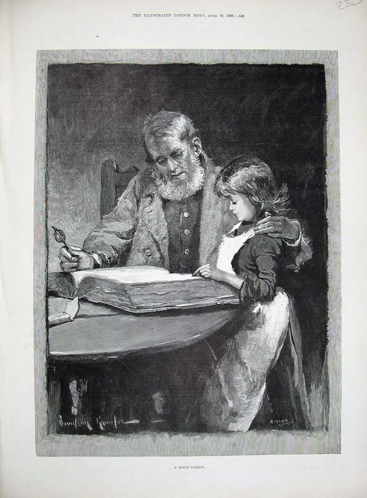Original Old Antique Print 1890 Bible Lesson Little Girl Man Book Taylor Art