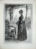 Old Antique Print 1890 Davidson Knowles Fine Art Woman Puppy Dog Garden 19th