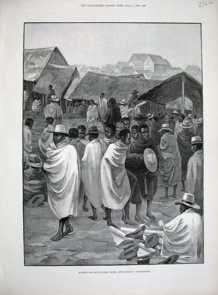 Original Old Antique Print Market Manchester Goods Antananarivo 1890 Madagascar