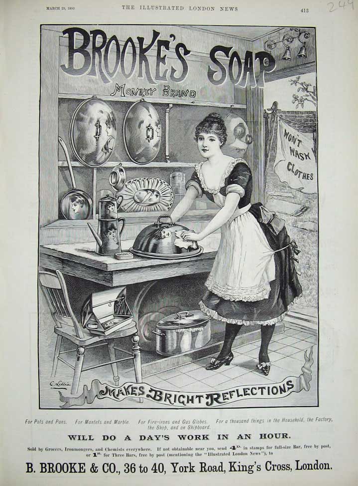 Original Old Antique Print Advertisement Brookes Monkey Brand Soap 1890 Polish
