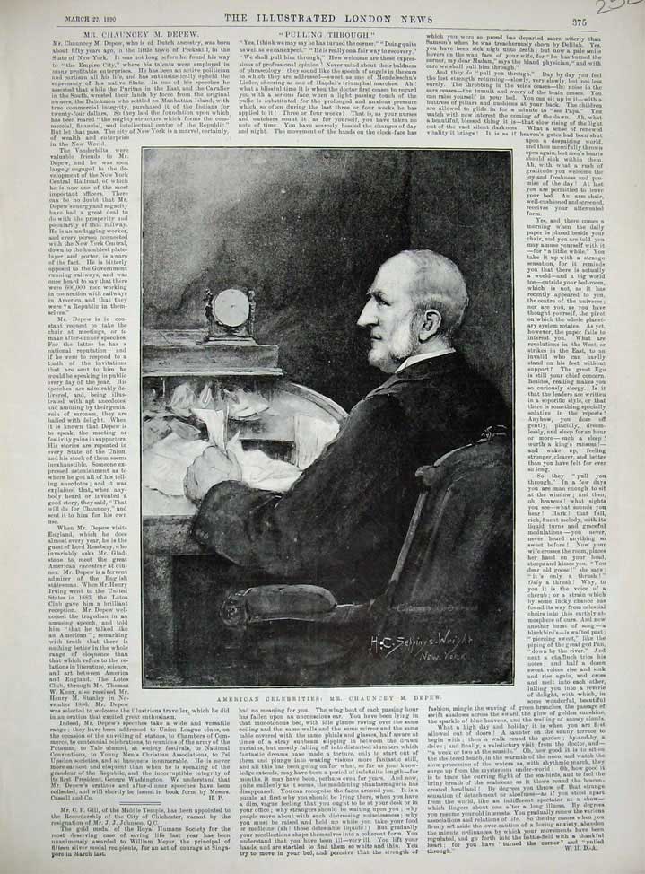 Original Old Antique Print 1890 American Celebrities Mr Chauncey Depew Portrait