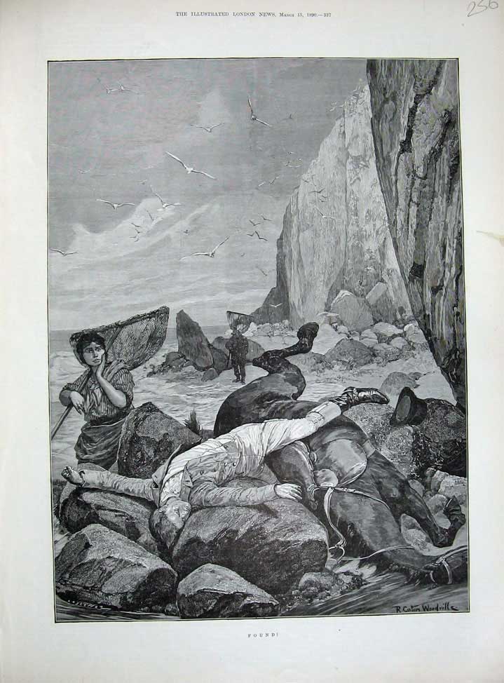 Old Antique Print 1890 Woodville Fine Art Dead Man Horse Sea-Shore Lady 19th