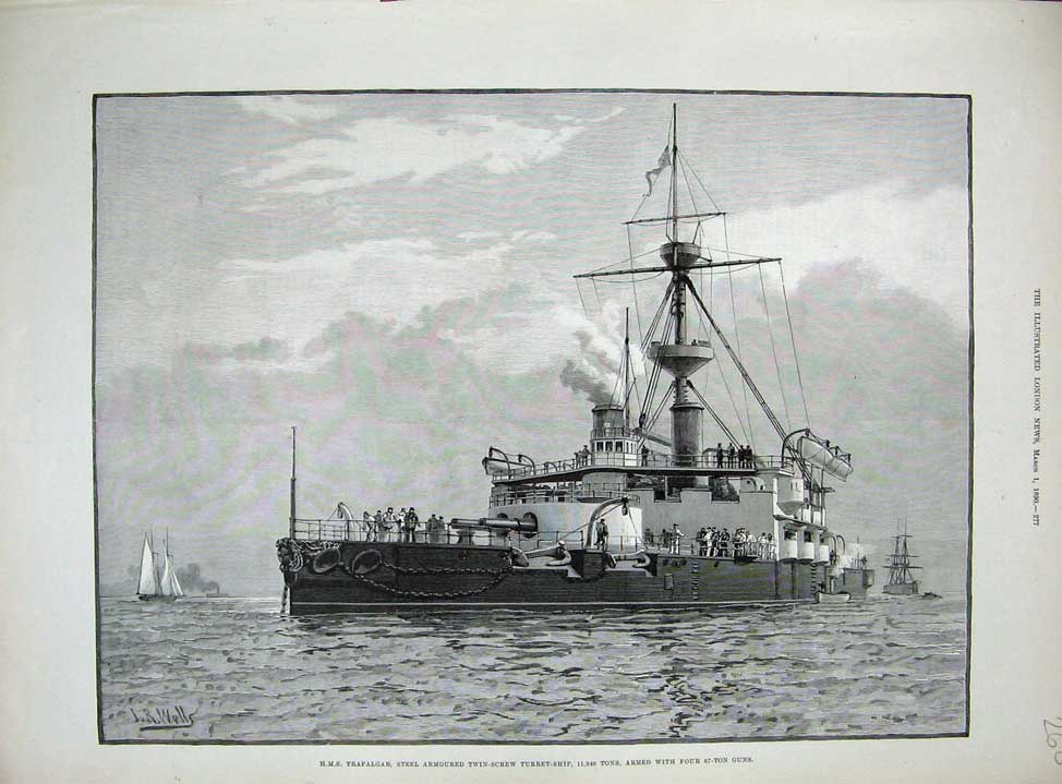 Original Old Antique Print 1890 War Steel Armoured Ship H.M.S Trafalgar Turret