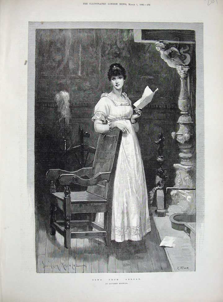 Original Old Antique Print 1890 Knowles Fine Art Lady Woman Letter Chair House