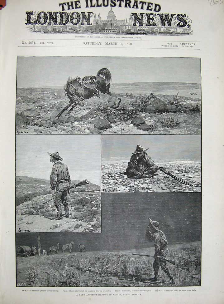Old Antique Print 1890 Antelope Hunting Nevada America Broncho Horse Camp 19th