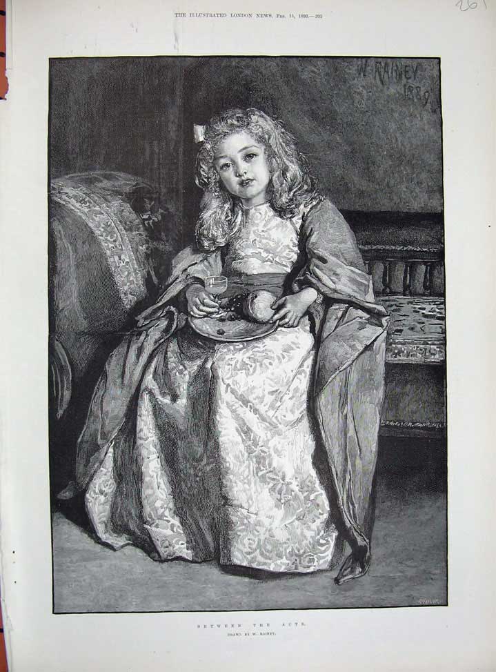 Original Old Antique Print 1890 Fine Art Little Girl Theatre Food Rainey 19th