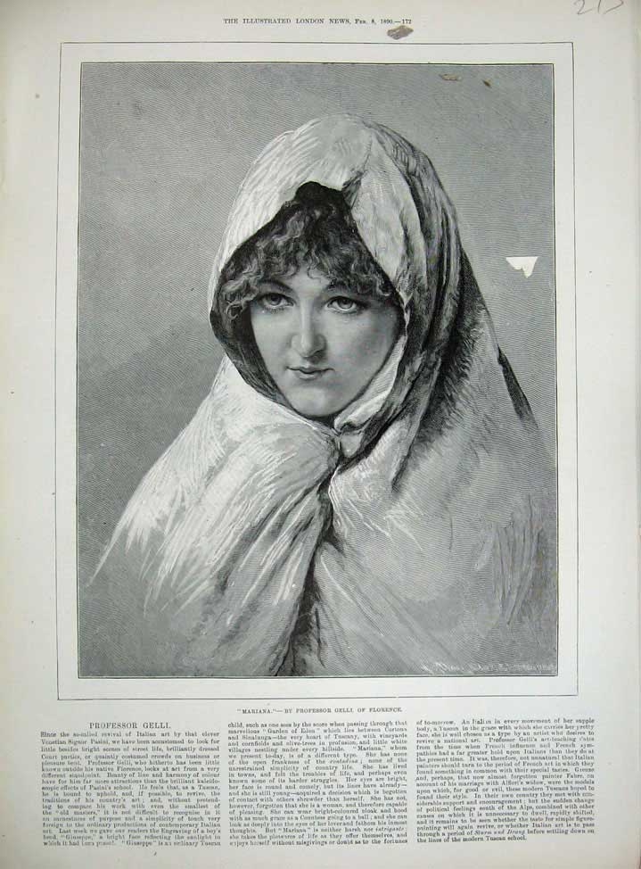 Original Old Antique Print 1890 Professor Gelli Florence Portrait Mariana Lady