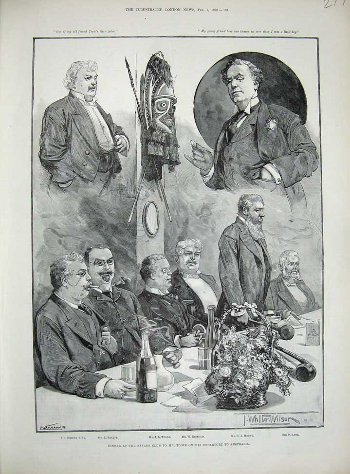 Original Old Antique Print 1890 Dinner Savage Club Toole Rollit Vine RignHenty