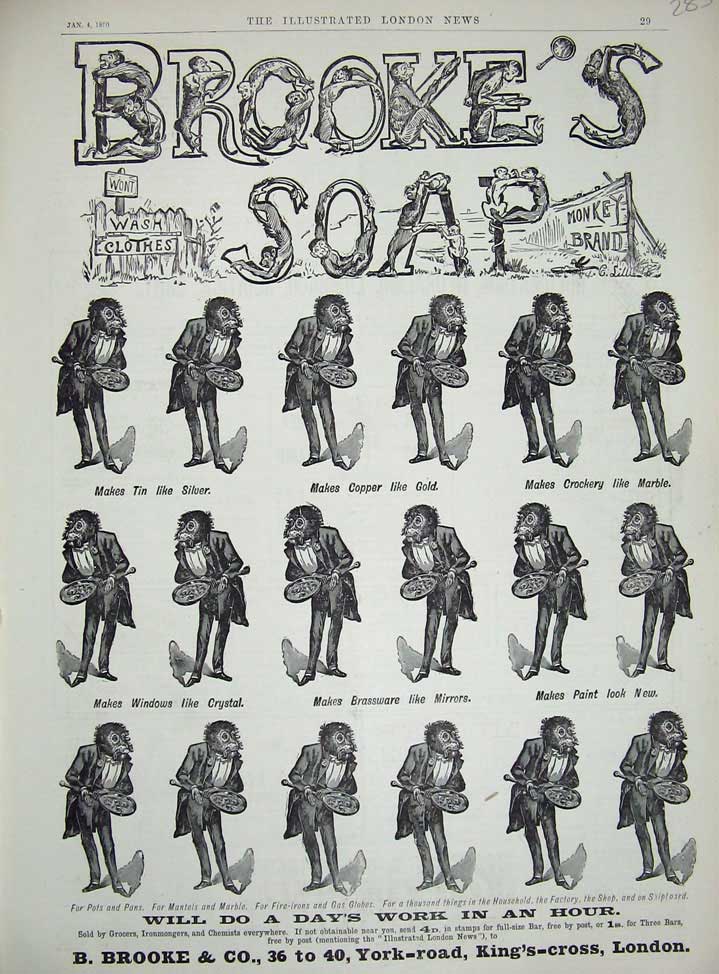 Old Antique Print 1890 Advertisement Brooke'S Monkey Brand Soap Cleaning 19th