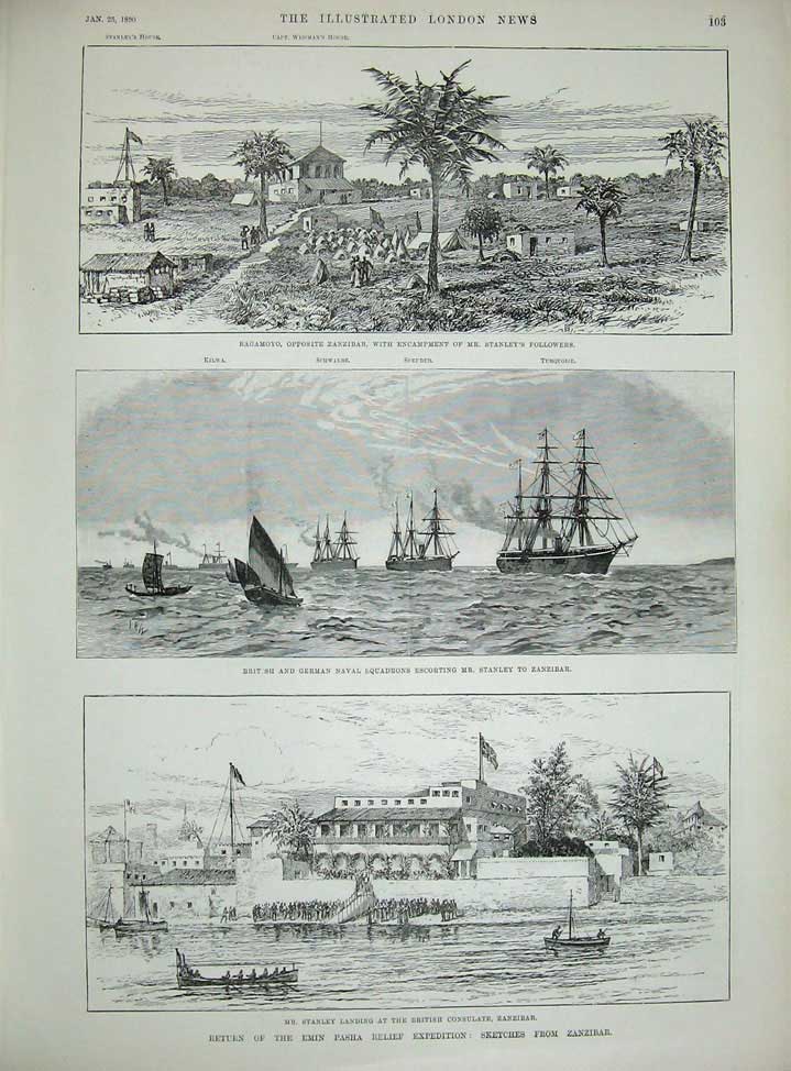 Antique Old Print 1890 Portugal Dom Pedro Lisbon Emin Pasha Bagamoyo Ship 19th