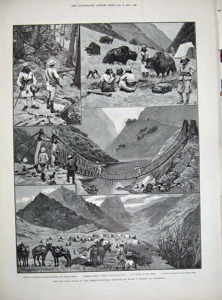 Old Antique Print 1890 Grosvenor Gallery Sport Niti War Thibet Frontier 19th