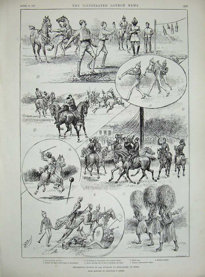 Old Antique Print 1890 Cornish Fishing Village Boats Sport Hussars India 19th