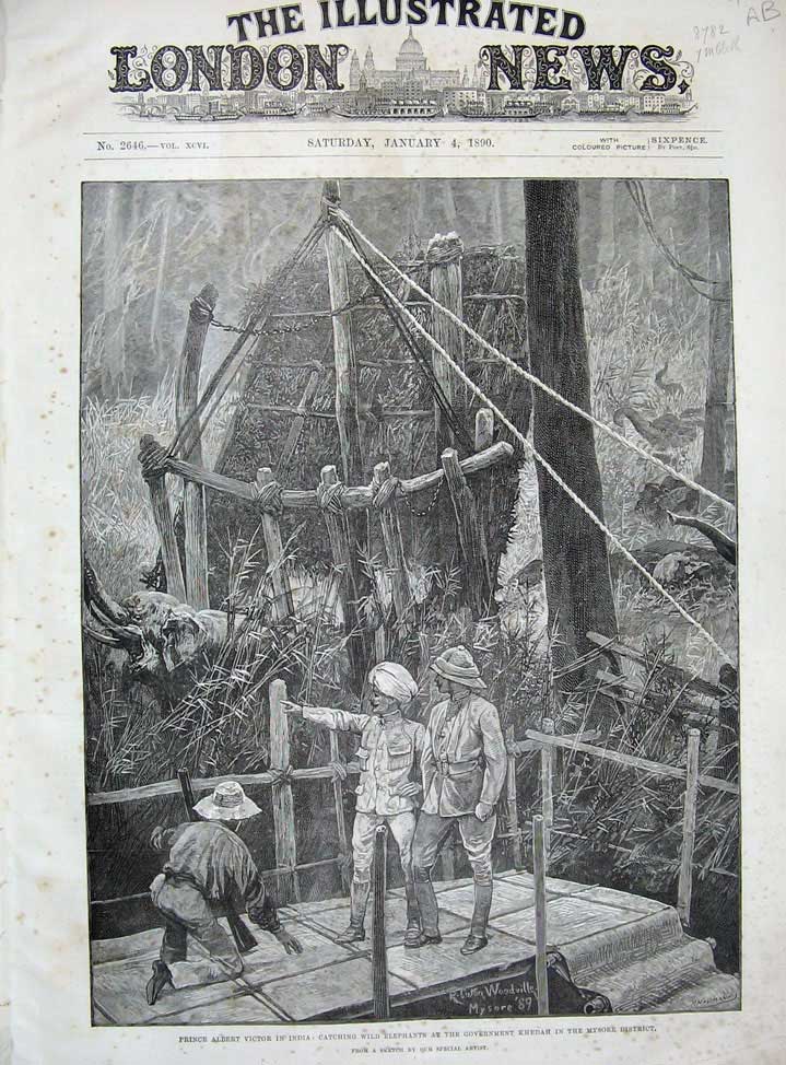 Antique Old Print Prince Albert Victor India Elephants 1890 Hyderabad Art 19th