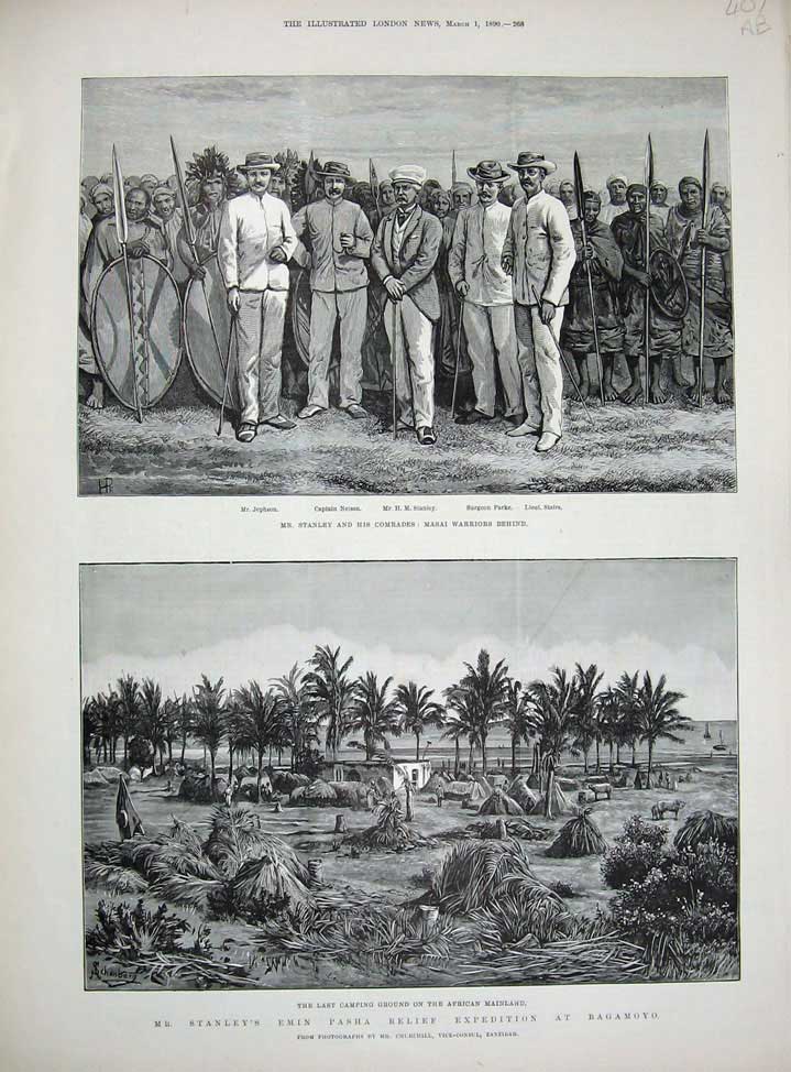 Antique Old Print 1890 Stanley Masai Warriors Emin Pasha Yambuya Camp War 19th
