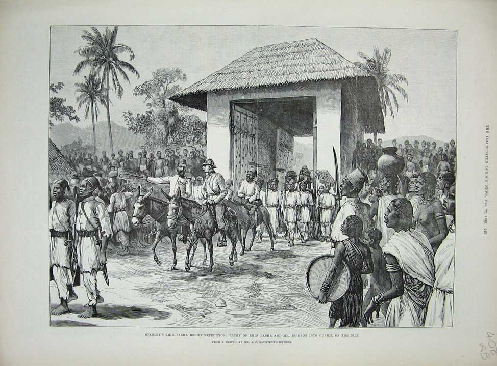 Old Antique Print 1890 Stanley Emin Pasha Jephson Nile School Church War 19th