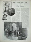 Old Antique Print 1890 Club Carlton Hall Staircase Billiard Room London 19th