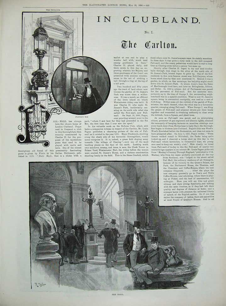 Old Antique Print 1890 Club Carlton Hall Staircase Billiard Room London 19th