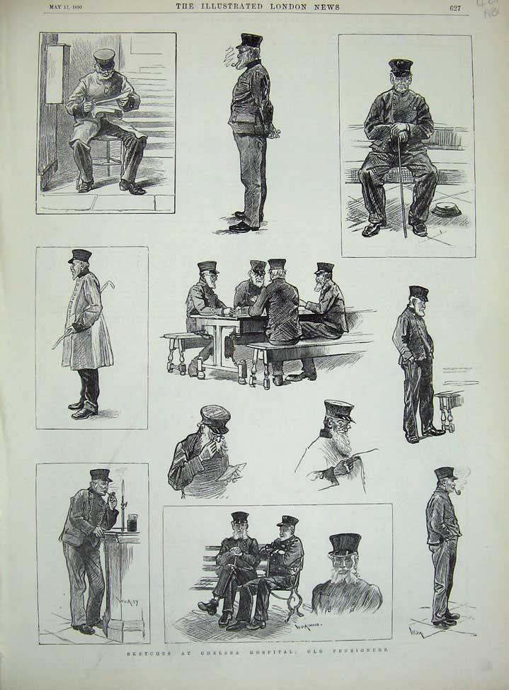 Old Antique Print 1890 Chelsea Hospital Pensioners Military Exhibition 19th