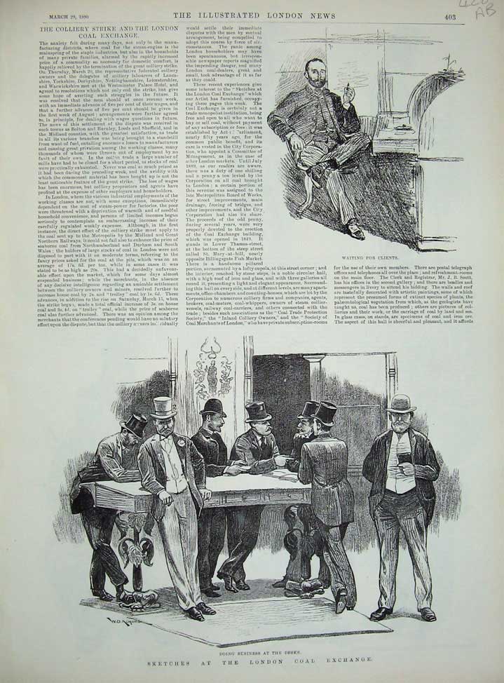 Original Old Antique Print London Coal Exchange 1890 Colliery Men Work 19th